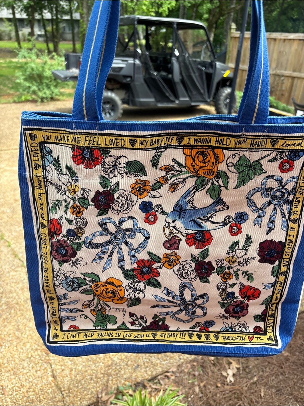 Brighton Blue Canvas Tote with Multicolor Floral & Bird Panel
